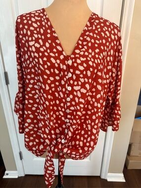 New Flutter Sleeve Button V Neck Tie Blouse in Burnt Red/Cream by Kancystore